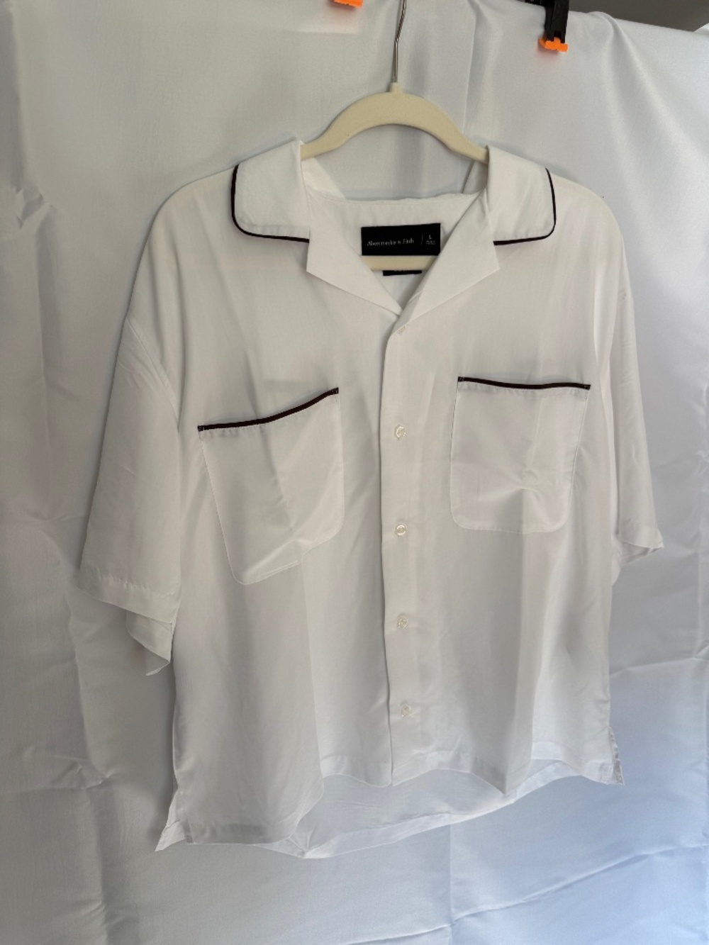 Abercrombie & Fitch Mens White Cropped Camper Resort Shirt Brown Piping Large